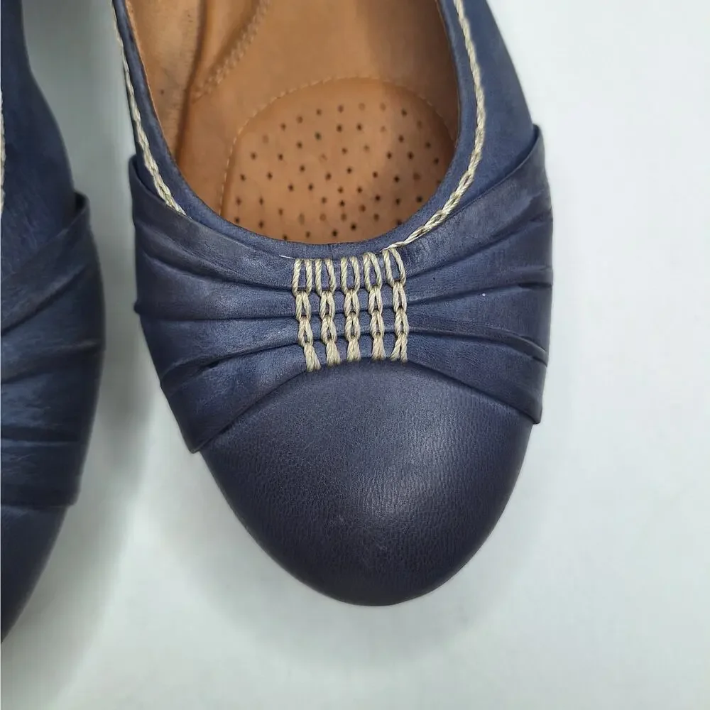 Clarks Artisan Ballet Flats Blue Leather Slip On 12 Bow Comfort Artsy Fairy Boho